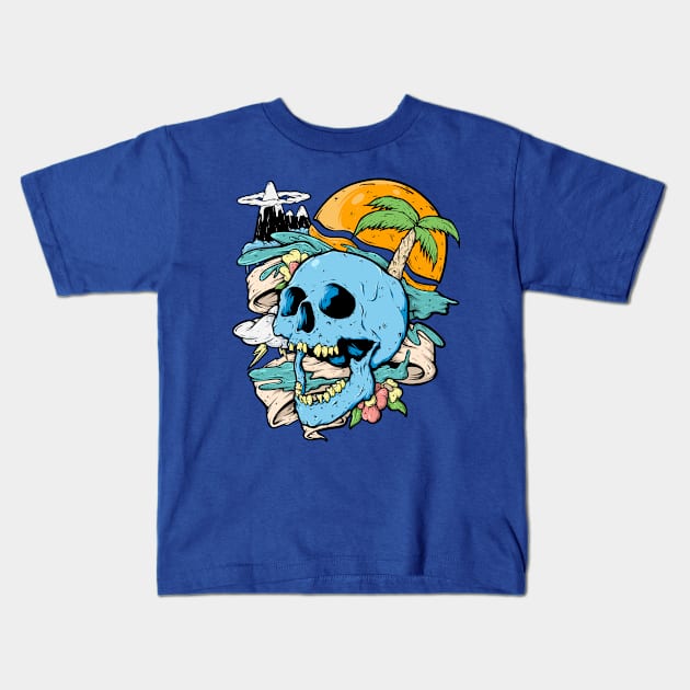 High Tide Palm Tree Skull Island Surfing Style Clothing Kids T-Shirt by SWIFTYSPADE